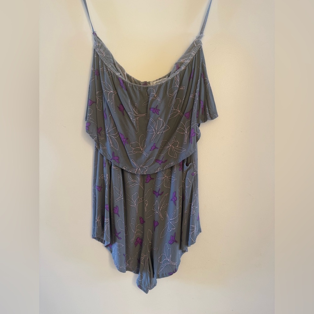 Fighting Eel Gray and Purple Floral strapless romper